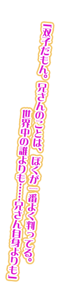 「双子だもん。兄さんのことは、ぼくが一番よく判ってる。世界中の誰よりも……兄さん自身よりも」